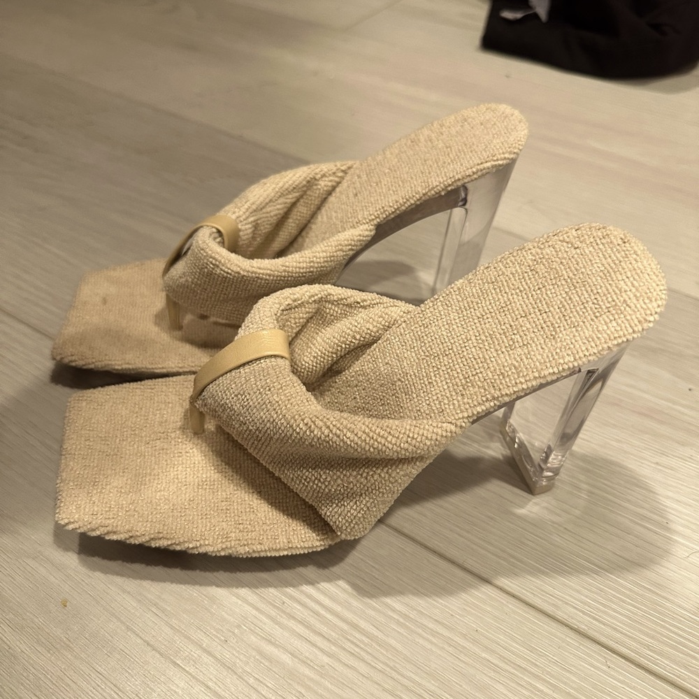 Tan towel like thong heels